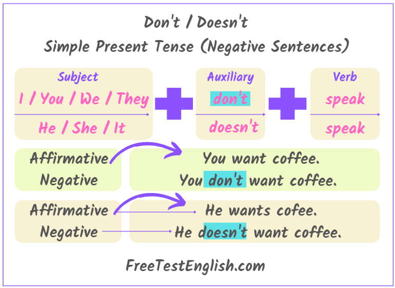 Simple Present Tense (Negative) Don't Doesn't Tests and Rules
