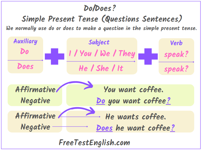 Simple Present Tense (Questions Integroggative) Do Does Tests and Rules