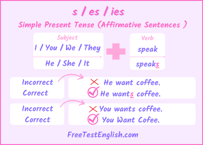 simple present tense s es ies tests and rules