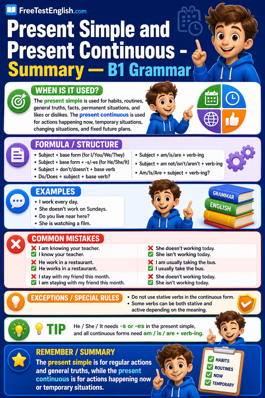 Present Simple and Present Continuous - Summary B1 Infographic